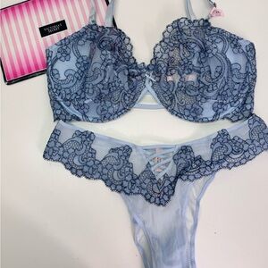 🔥Victoria's Secret Light Blue Lace Bra Set Sz 38G (DDDD) // large Brazilian NWT